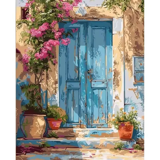 Paint by numbers kit of a blue Mediterranean door surrounded by pink bougainvillea flowers and clay pots, 30x40cm