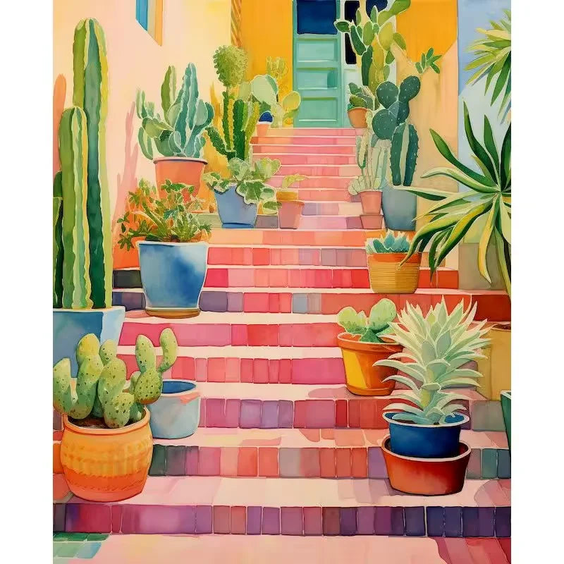Paint by numbers kit of a vibrant cactus garden staircase with colorful pots and a Mediterranean door, 30x40cm