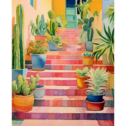 Paint by numbers kit of a vibrant cactus garden staircase with colorful pots and a Mediterranean door, 30x40cm