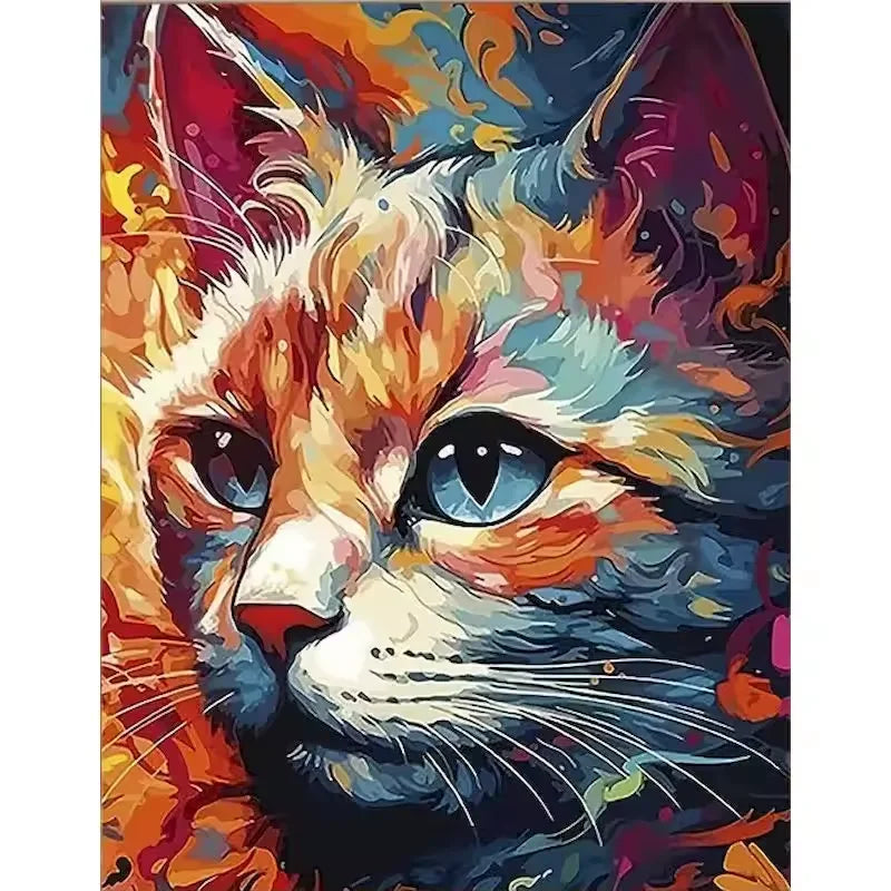 Paint by numbers kit of a colorful abstract cat portrait with warm orange tones and expressive blue eyes, 30x40cm