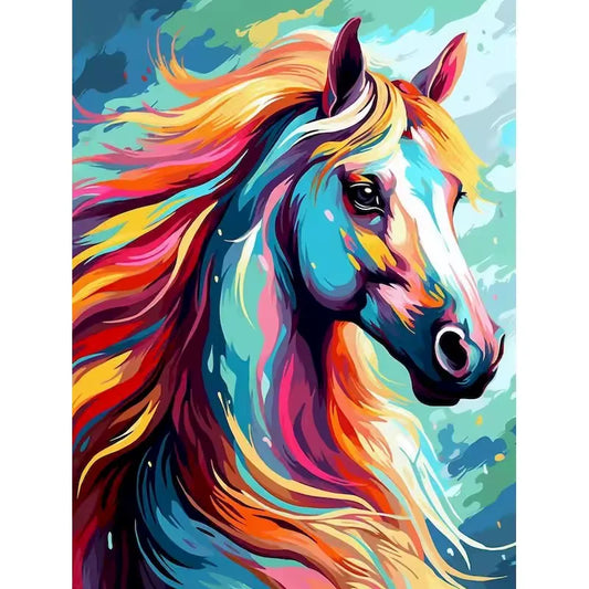 Paint by numbers kit of a vibrant colorful horse portrait with a flowing rainbow mane on a blue abstract background, 30x40cm