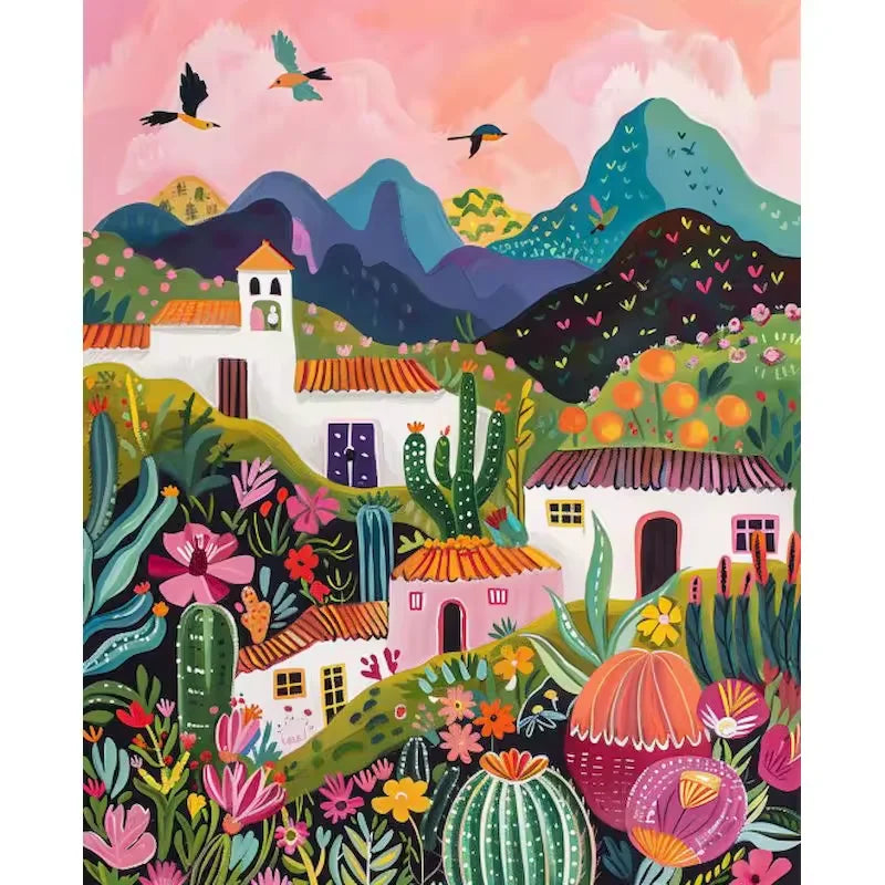 Paint by numbers kit of a colorful Mexican village with mountains, cacti, tropical flowers and birds in flight, 30x40cm