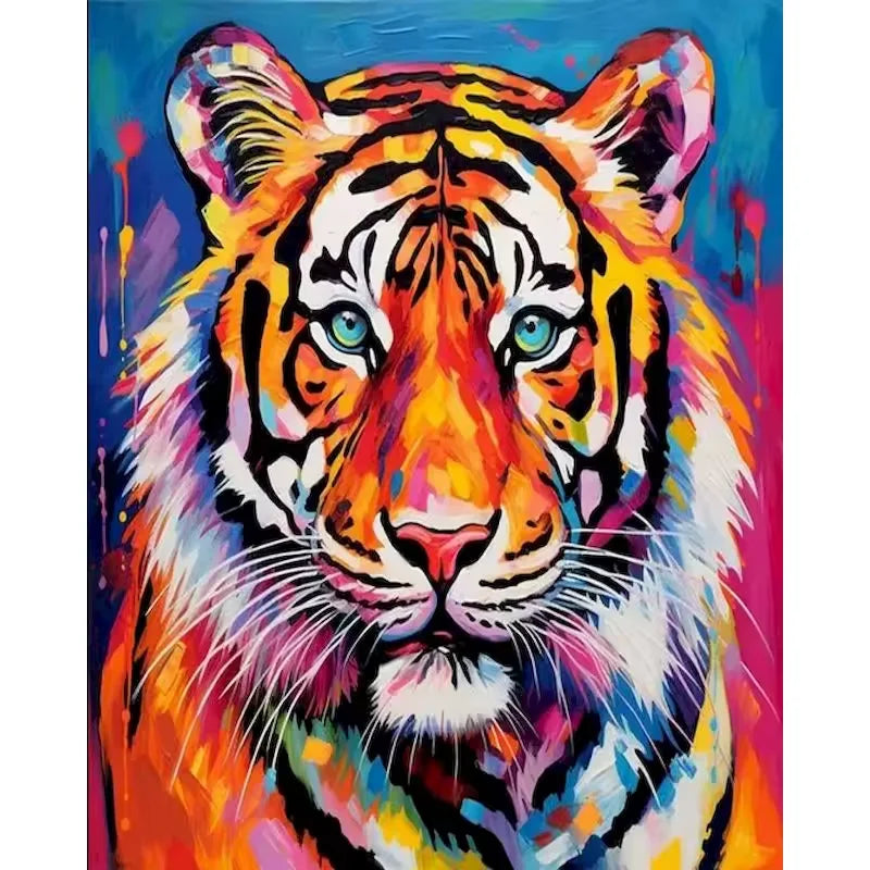 Paint by numbers kit of a vibrant colorful tiger portrait with piercing blue eyes and abstract multicolor background, 30x40cm