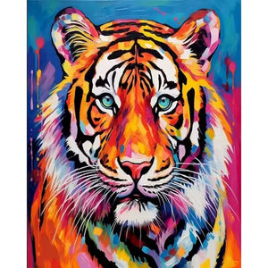 Paint by numbers kit of a vibrant colorful tiger portrait with piercing blue eyes and abstract multicolor background, 30x40cm