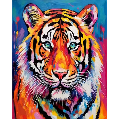 Paint by numbers kit of a vibrant colorful tiger portrait with piercing blue eyes and abstract multicolor background, 30x40cm
