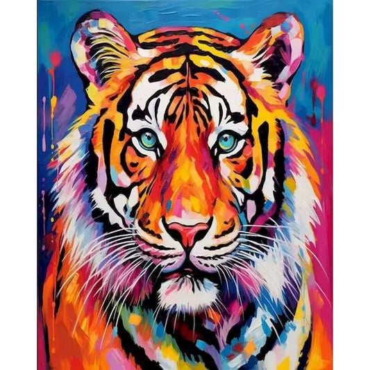 Paint by numbers kit of a vibrant colorful tiger portrait with piercing blue eyes and abstract multicolor background, 30x40cm