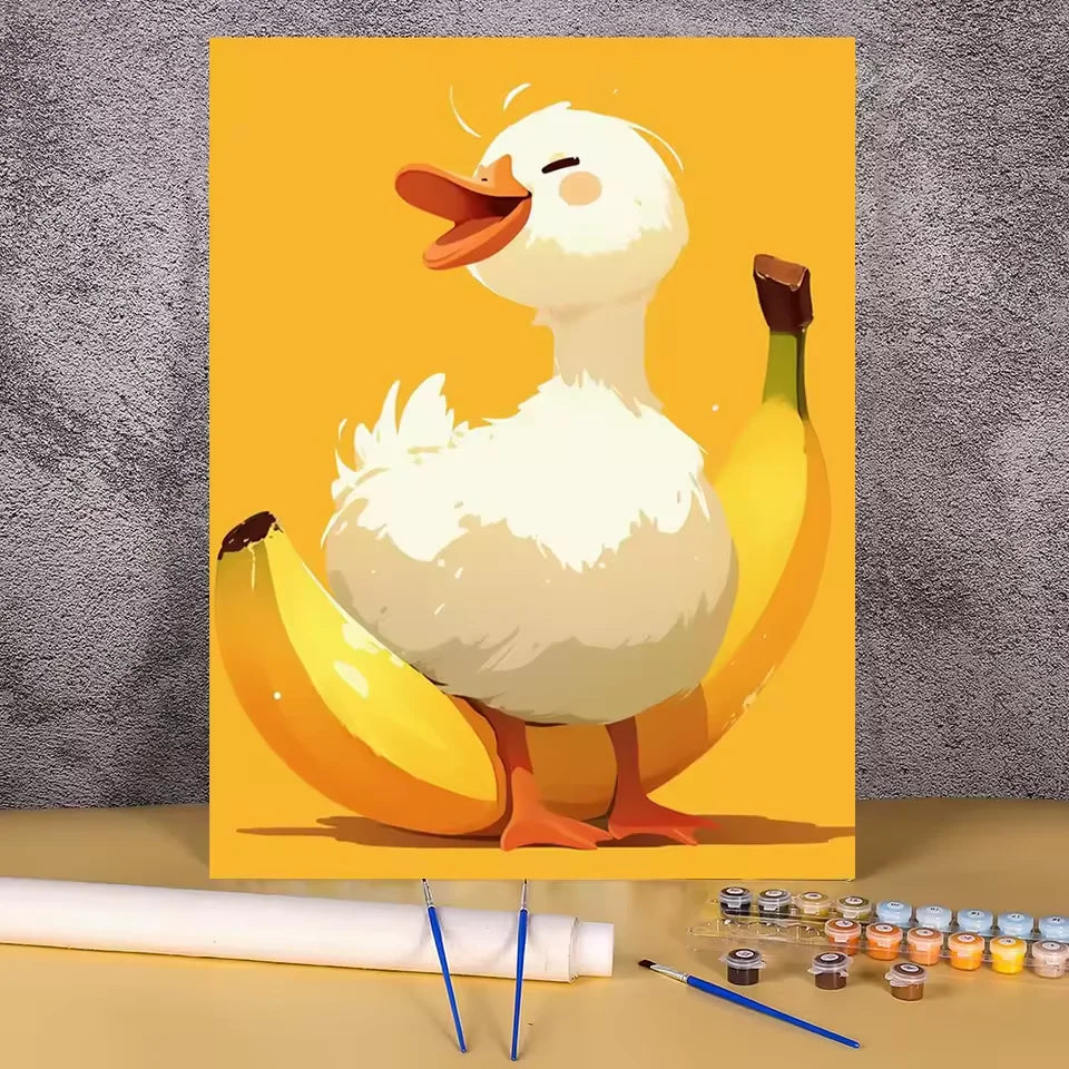 Paint by numbers kit of an adorable white duck surrounded by yellow bananas on a bright orange background, 30x40cm