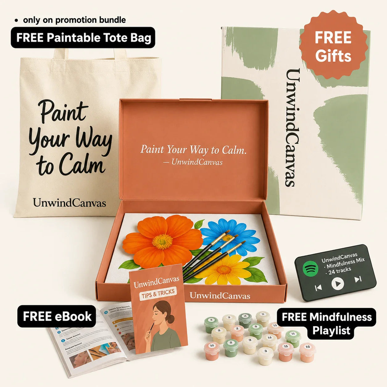 Paint by numbers free gifts — tote bag, beginner ebook and mindfulness playlist included