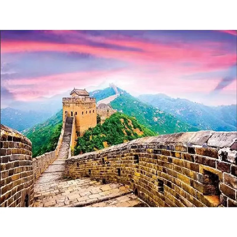 Paint by numbers kit of the Great Wall of China at sunset with dramatic pink and purple sky and mountain views, 30x40cm