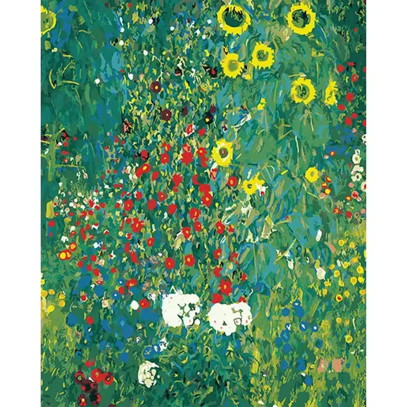 Paint by numbers kit inspired by Klimt's farm garden painting with sunflowers and colorful wildflowers, 30x40cm