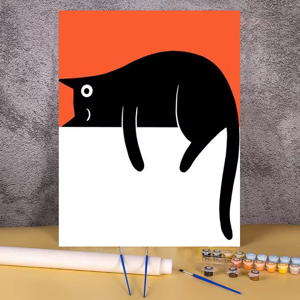Paint by numbers kit of a lazy black cat lying down in minimalist graphic style with red and white background, 30x40cm