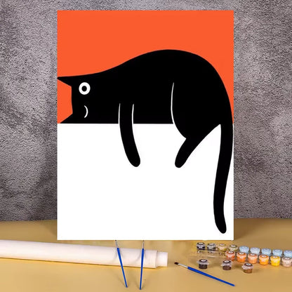 Paint by numbers kit of a lazy black cat lying down in minimalist graphic style with red and white background, 30x40cm