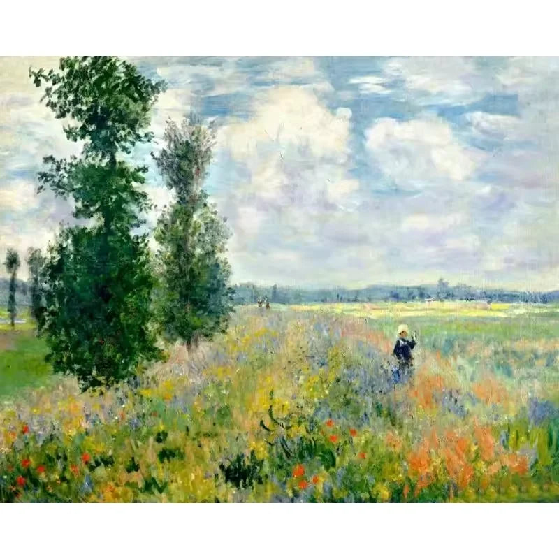 Paint by numbers kit inspired by Monet's Poppy Field at Argenteuil with figures walking among red poppies, 30x40cm