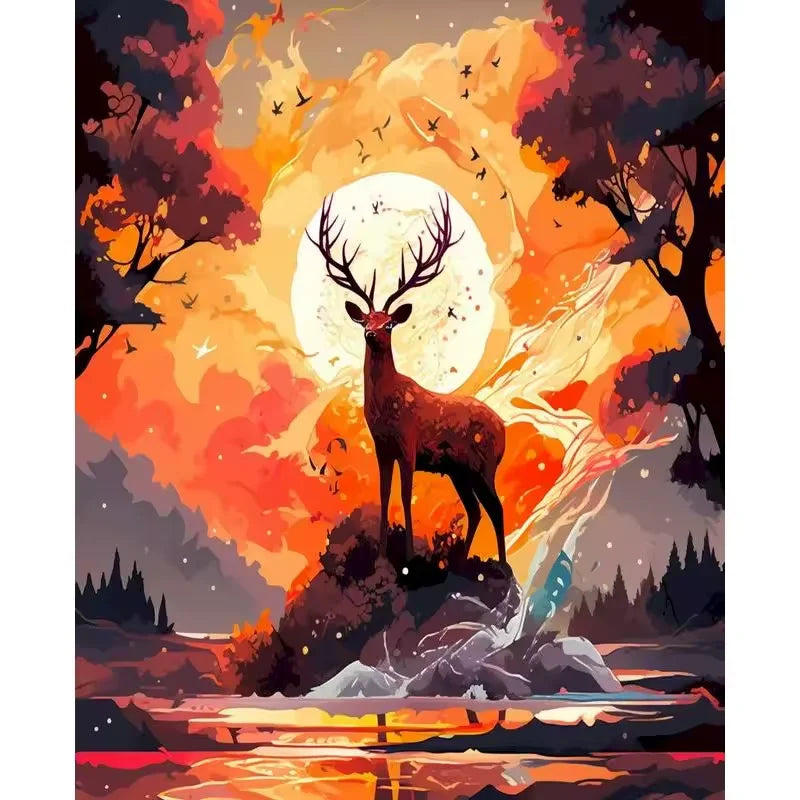 Paint by numbers kit of a mystical deer silhouette standing on a rock beneath a full moon in a glowing forest, 30x40cm