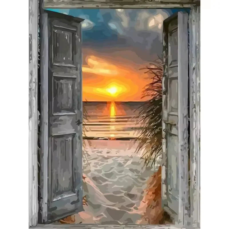 Paint by numbers kit of rustic open wooden doors revealing a peaceful sandy beach at golden sunset, 30x40cm