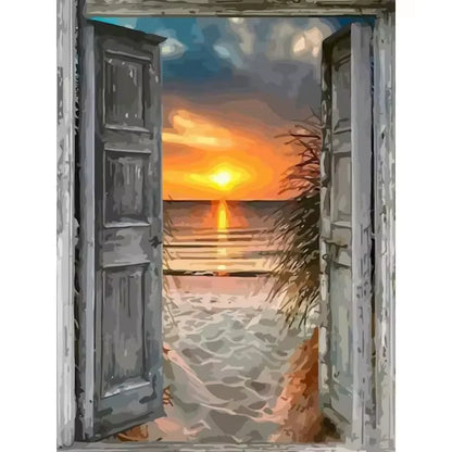 Paint by numbers kit of rustic open wooden doors revealing a peaceful sandy beach at golden sunset, 30x40cm