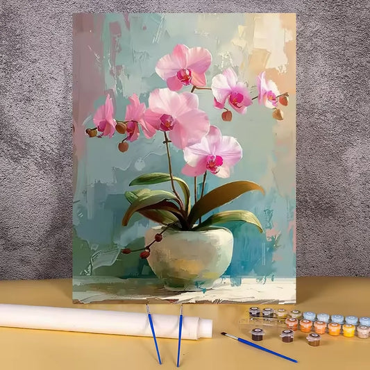 Paint by numbers kit of pink phalaenopsis orchid blooms in a white ceramic pot with soft background, 30x40cm