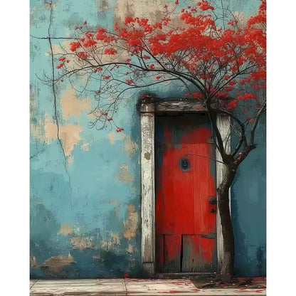 Paint by numbers kit of a red wooden door with red blossom tree against a blue weathered wall, 30x40cm