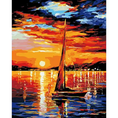 Paint by numbers kit of a sailboat on calm water during a dramatic colorful orange and red sunset, 30x40cm