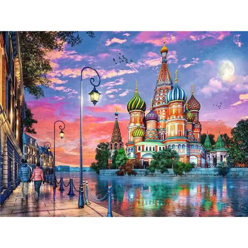 Paint by numbers kit of Saint Basil's Cathedral at romantic twilight with purple sky, moon and street reflections, 30x40cm
