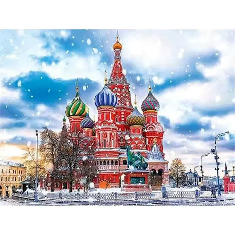 Paint by numbers kit of Saint Basil's Cathedral in Moscow during a beautiful winter snowfall, 30x40cm
