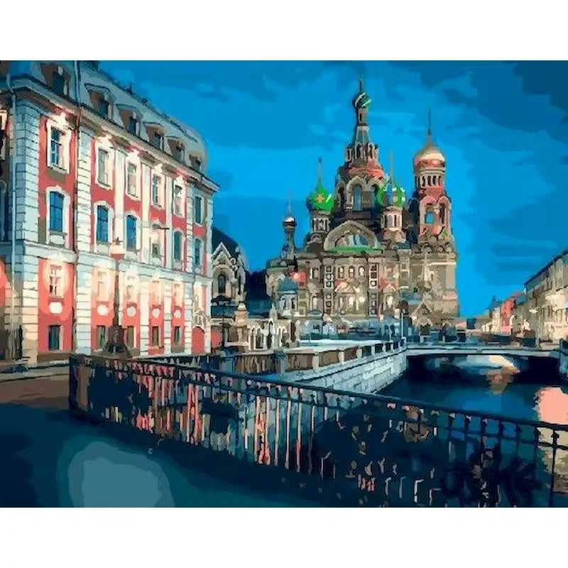 Paint by numbers kit of Saint Petersburg's Church of the Savior on Blood illuminated at night along the canal, 30x40cm