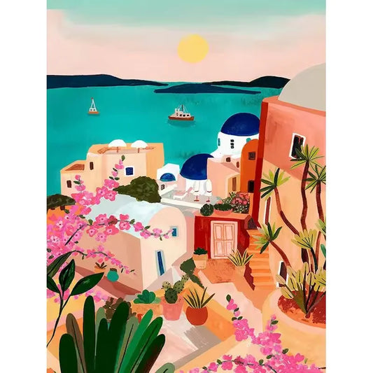 Paint by numbers kit of Santorini Greece with white buildings, blue domes, pink bougainvillea and sea view, 30x40cm