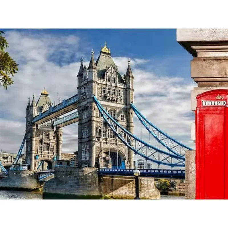 Paint by numbers kit of London's iconic Tower Bridge with a classic red telephone booth in the foreground, 30x40cm