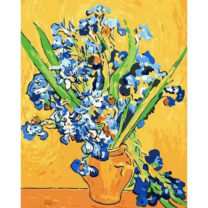 Paint by numbers kit inspired by Van Gogh's Irises with blue flowers in a terracotta vase on yellow background, 30x40cm