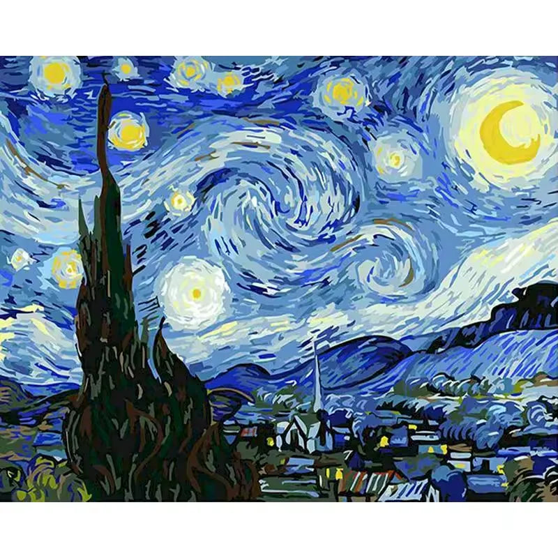 Paint by numbers kit of Van Gogh's iconic Starry Night with swirling blue sky, glowing stars and cypress tree, 30x40cm