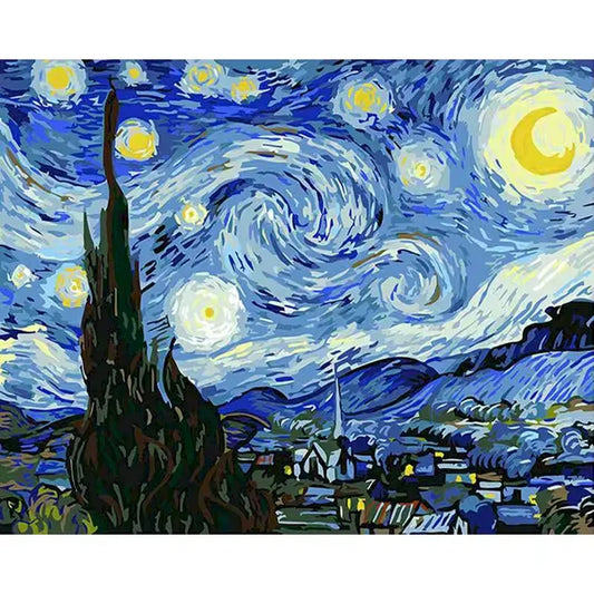 Paint by numbers kit of Van Gogh's iconic Starry Night with swirling blue sky, glowing stars and cypress tree, 30x40cm