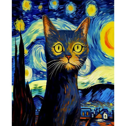 Paint by numbers kit of a cat portrait set against Van Gogh's iconic Starry Night swirling blue background, 30x40cm