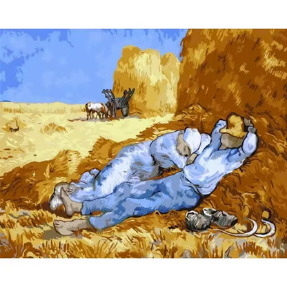 Paint by numbers kit inspired by Van Gogh's The Siesta showing two farm workers resting at noon in golden fields, 30x40cm