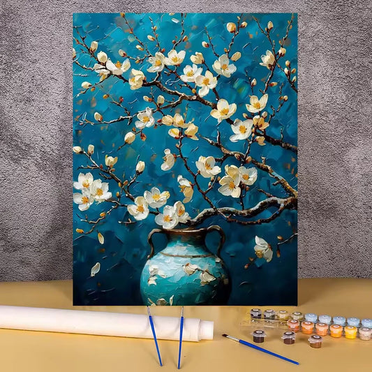 Paint by numbers kit of white cherry blossom branches in a blue ceramic vase, Van Gogh inspired style, 30x40cm