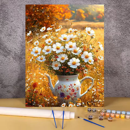 Paint by numbers kit of a white daisy bouquet in a floral watering can with warm golden field background, 30x40cm