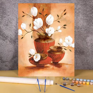 Paint by numbers kit of elegant white magnolia flowers arranged in terracotta clay vases, 30x40cm