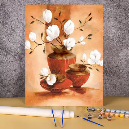 Paint by numbers kit of elegant white magnolia flowers arranged in terracotta clay vases, 30x40cm