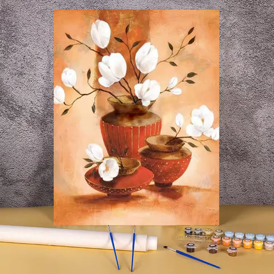 Paint by numbers kit of elegant white magnolia flowers arranged in terracotta clay vases, 30x40cm