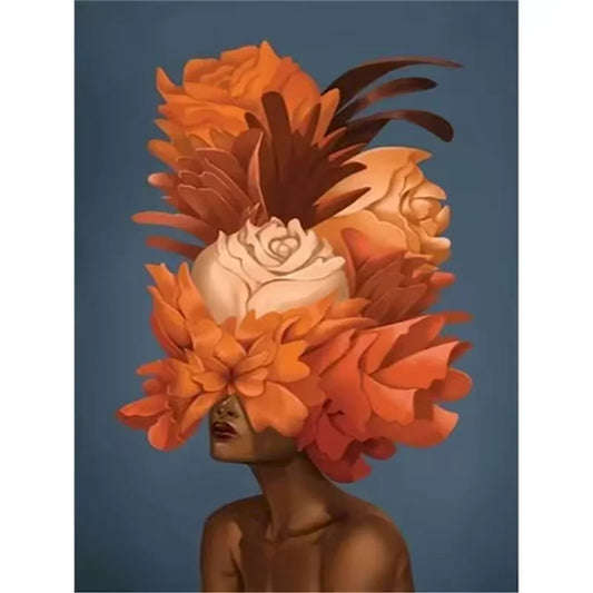 Paint by numbers kit of a woman with warm brown skin wearing a bold orange and terracotta floral crown, 30x40cm