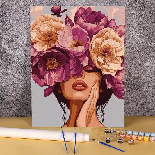 Paint by numbers kit of a woman with her face hidden by a large purple and pink peony flower crown, 30x40cm