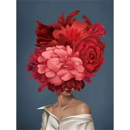 Paint by numbers kit of an elegant woman with a dramatic red and pink peony headpiece on a blue-gray background, 30x40cm