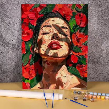 Paint by numbers kit of a woman with eyes closed surrounded by rich red roses in expressive bold impasto style, 30x40cm