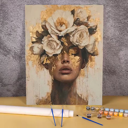 Paint by numbers kit of a woman with white roses and a golden floral crown in a warm antique artistic style, 30x40cm