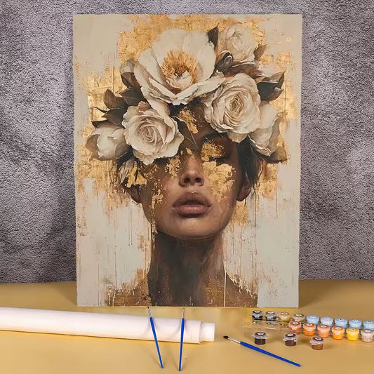 Paint by numbers kit of a woman with white roses and a golden floral crown in a warm antique artistic style, 30x40cm