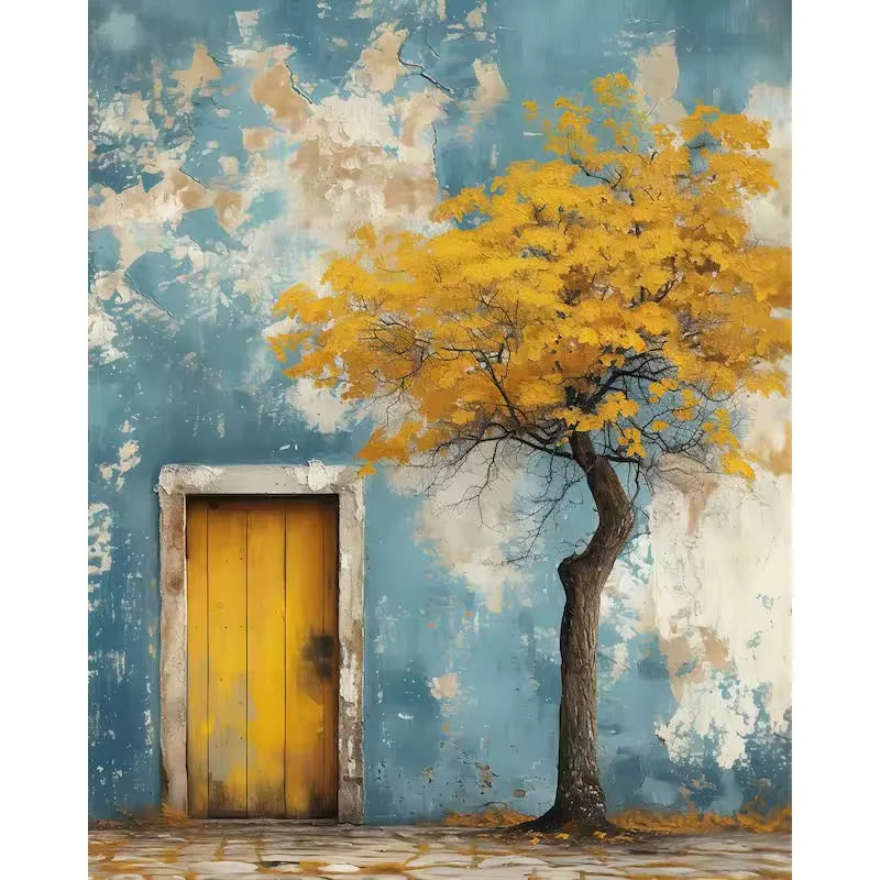 Paint by numbers kit of a yellow wooden door beside a golden autumn tree against a blue textured wall, 30x40cm